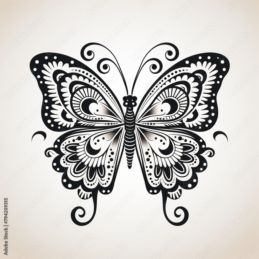 Black and white butterfly, outline, white background сreated with Generative Ai Black and white butterfly, outline, white background сreated with Generative Ai