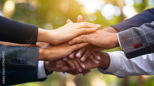 Group of friends with hands stacked one on top of another, friendship, support, togetherness. Multiethnic businesspeople with hands touching on top of each other