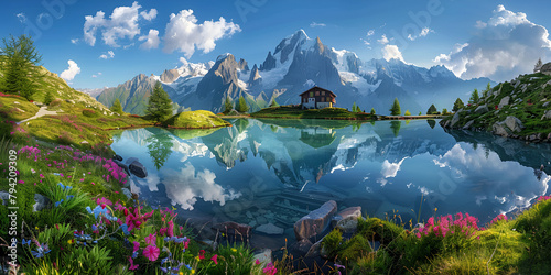 Colorful summer panorama of the Lac Blanc lake with Mont Blanc Monte Bianco on background 