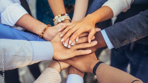 Group of friends with hands stacked one on top of another, friendship, support, togetherness. Multiethnic businesspeople with hands touching on top of each other