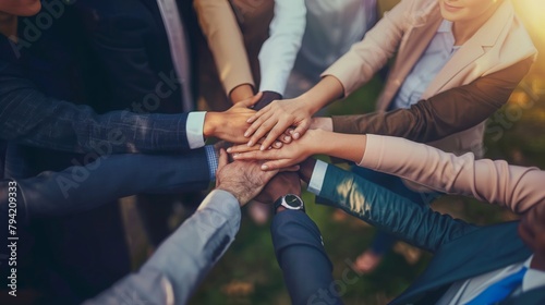 Group of friends with hands stacked one on top of another, friendship, support, togetherness. Multiethnic businesspeople with hands touching on top of each other © saranya