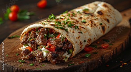 A burrito filled with meat and vegetables is on a wooden cutting board. The burrito is covered in spices and herbs, and it looks delicious