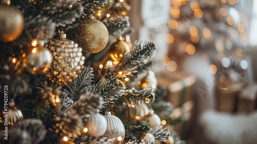 Close up of a Christmas tree adorned with old fashioned ornaments and golden lights surrounded by modern decorations in a festive setting