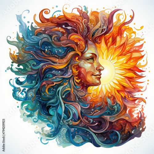 Watercolor Mystical Sun Illustration, Generative Ai