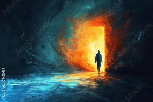 Illustration of overcoming fear, a character stepping out of a dark space into light