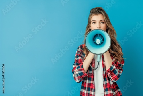 Girl with megaphone against blue background