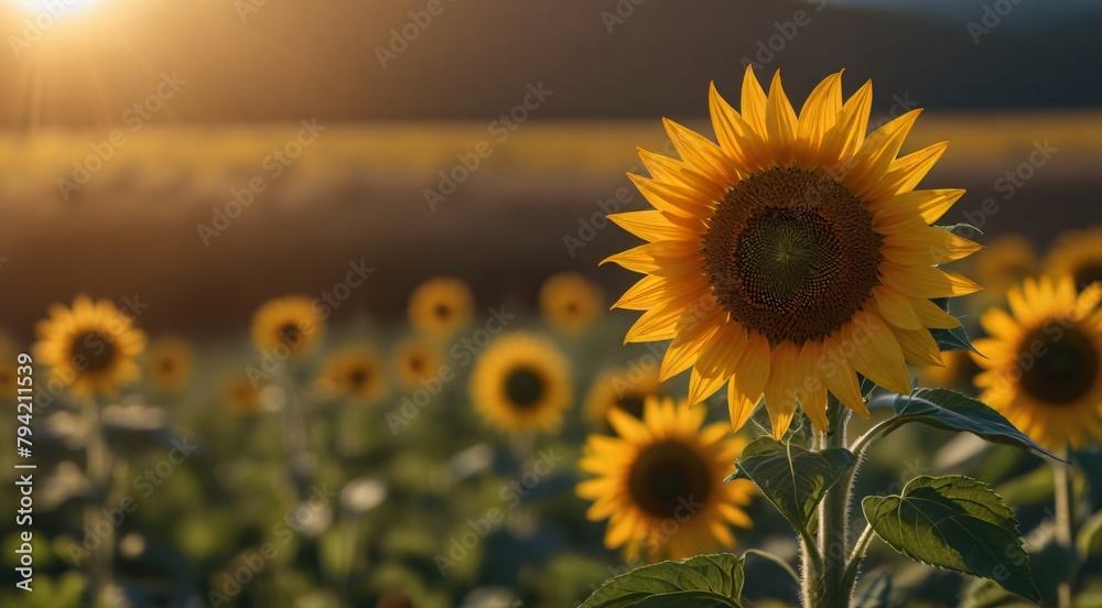  A vibrant sunflower standing tall in a vast field under the bright sun.
