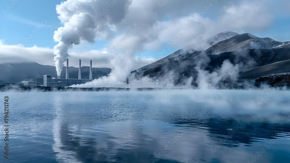 Geothermal Power Plant Harnessing Green Energy with Water Vapor Emissions. Concept Renewable Energy, Geothermal Power, Green Technology, Water Vapor Emissions, Sustainable Development