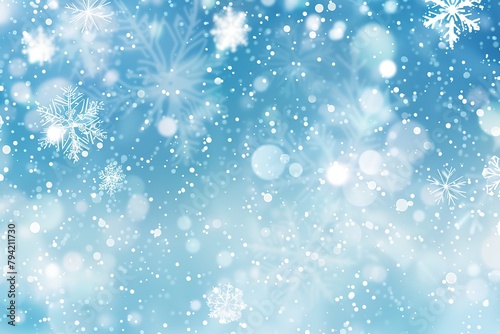 Blue winter background with snow  snowflakes  bokeh. Random falling snow flakes wallpaper. Snowfall many dust freeze granules. Sky white teal blue backdrop. Christmas poster. Xmas cian colored banner