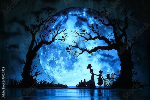 Moonlight shadow puppet theater, bedtime stories come to life, imaginative silhouettes
