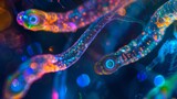 A colorful highresolution photograph of a group of nematodes swimming in a drop of water their long slender bodies lit up by the bright