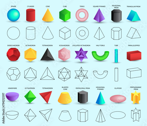 Set of vector realistic 3D colorful geometric shapes isolated on white background. Mathematics of geometric shapes, linear objects, contours. Platonic solid. Icons, logos for education, design