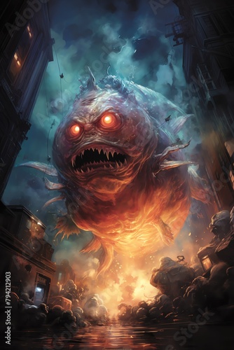 Illustrate an oil painting showcasing glowing anglerfish swimming gracefully