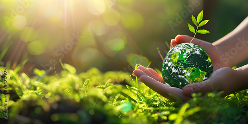 concept for environmental technology Sustainable development goals SDGs earth day environment day person holding a globe with plants Renewable energy for future Sustainable resources global warming photo