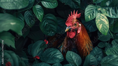 Rooster s Portrait Amidst Green Foliage photo
