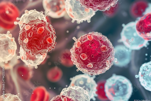 Visual metaphor for leukemia treatment red and white cells under a microscope, focused, high contrast