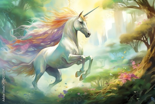Illustrate a mystical unicorn galloping photo