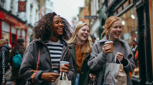 Three women  one with blonde hair and a grey coat  walk down the street smiling  carrying shopping bags