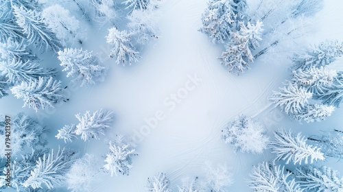 A tranquil and snowy Christmas background featuring serene winter landscapes and frosted trees
