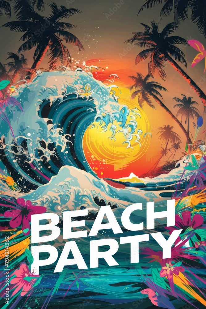 Vibrant Beach Party Poster With Palm Trees and Waves