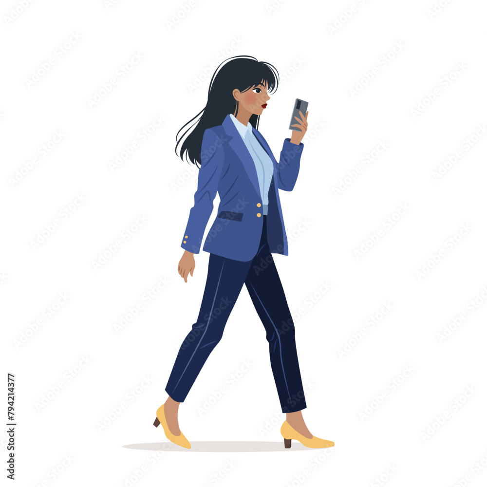 Young woman in casual clothing walking and using her smartphone. Character holding a mobile phone in her hands, surfing internet and chatting. isolated vector illustration on white background. Young woman in casual clothing walking and using her smartphone. Character holding a mobile phone in her hands, surfing internet and chatting. isolated vector illustration on white background.