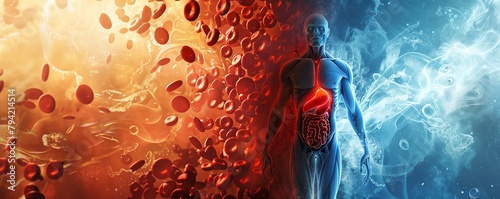 Dramatic depiction of cholesterol battle in the human body, dark and light imagery to signify health risks photo