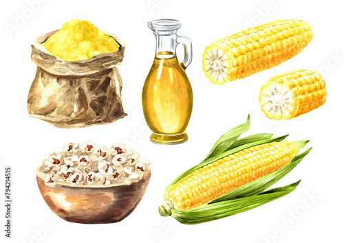 Corn set. Oil, flour, popcorn. Hand drawn watercolor illustration isolated on white background (ID: 794214515)