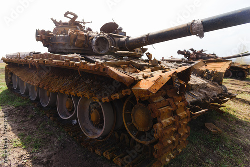 Destroyed T 72 tank. Old burnt out battle tank.