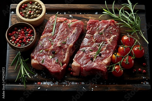 Elegant Culinary Still Life with Raw Steaks and Fresh Vegetables
