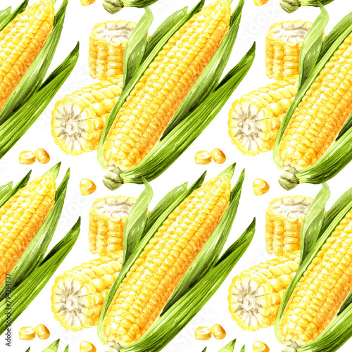 Fresh sweet corn seamless pattern, Hand drawn watercolor illustration, isolated on white background (ID: 794214737)