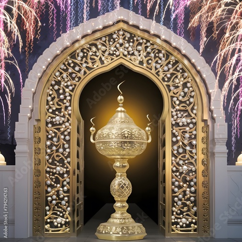 Eid Mubarak Celebration Royal Lamp & Mosque Gate with Fireworks Ramadan Kareem Stock Image
