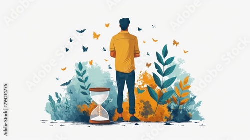 Hand drawn style modern illustration with a man looking at the hourglass and thinking about deadlines. He worries about the deadline in his actions.