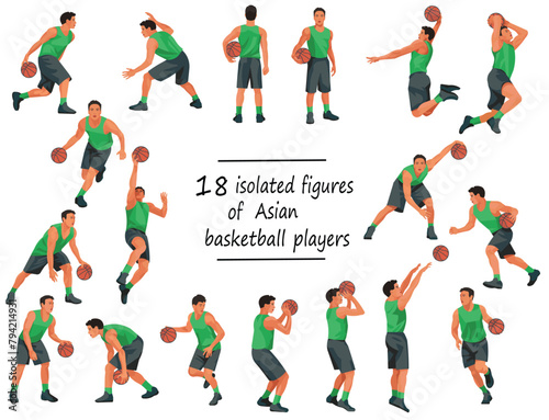 18 of Thai or Japanese basketball players in green jersey standing with the ball, running, jumping, throwing, shooting, dunking, passing the ball