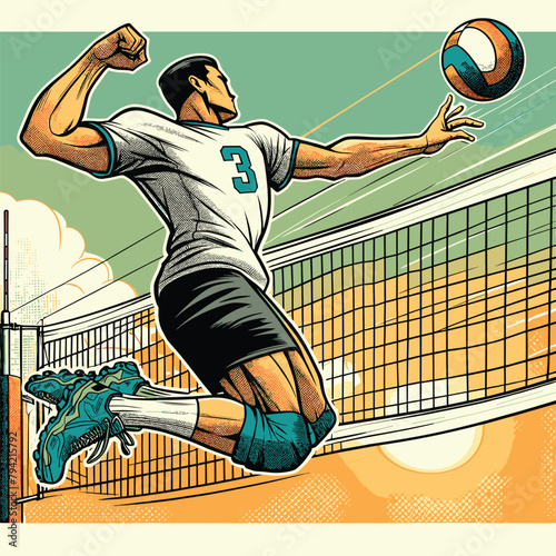 A Player Jump to Shoot a Beach Volleyball Infront of The Net Vintage Style