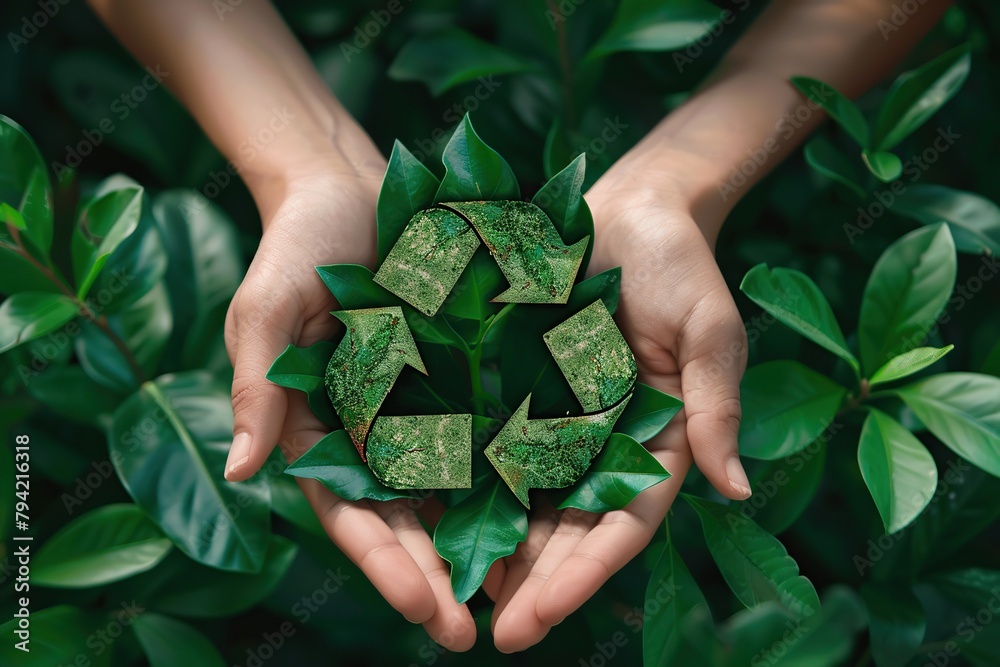 Hands holding green reduce reuse recycle symbol made from leaves on ...
