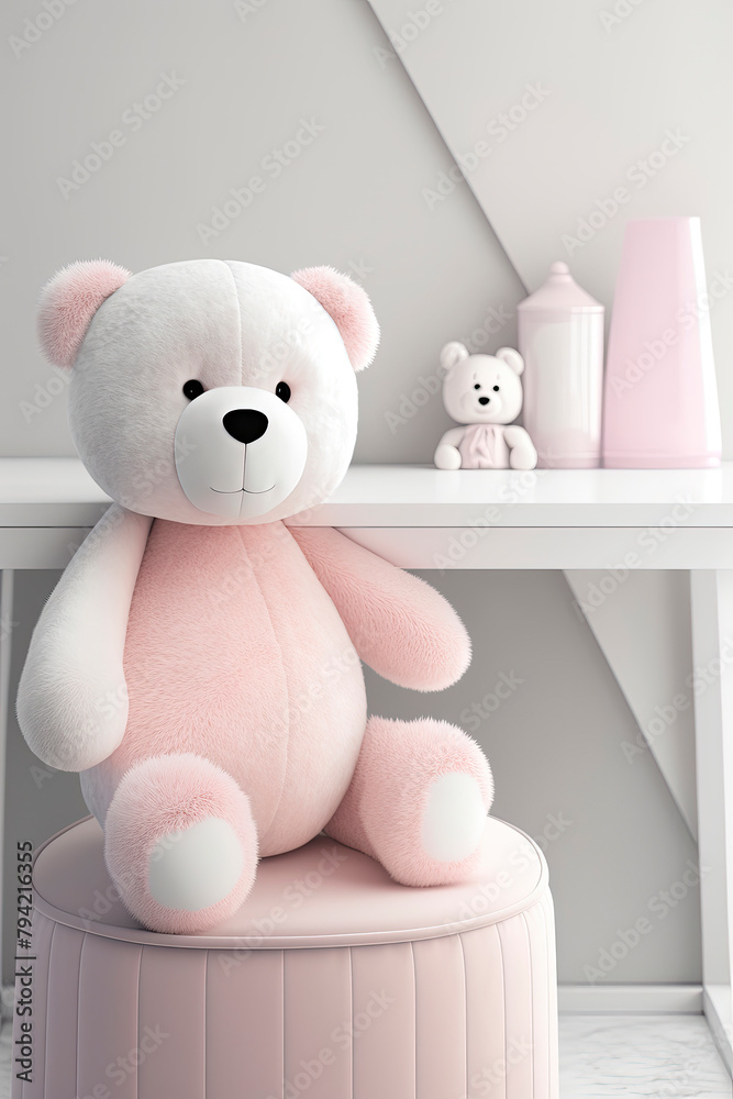 table with a plush toy bear in the baby room. Generative AI, table with a plush toy bear in the baby room. Generative AI,