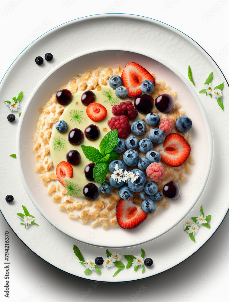 Healthy breakfast porridge with berries on a plate isolate on a white background. Generative AI, Healthy breakfast porridge with berries on a plate isolate on a white background. Generative AI,