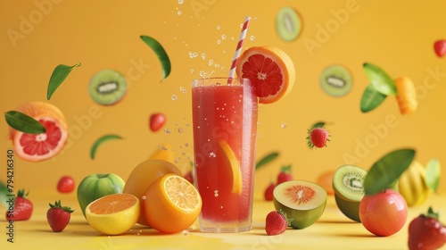 Red Fruit Juice Glass Surrounded by Fresh Fruit