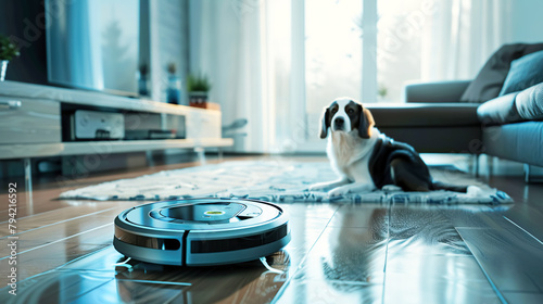 A curious puppy watches a robot vacuum cleaner in action, highlighting the interaction between pets and smart home devices. The concept of cleaning, cleanliness and hygiene in a modern home