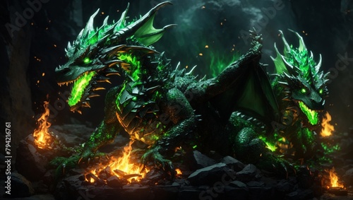 A terrifying green dragon with glowing eyes and fire, striking fear with its gaze