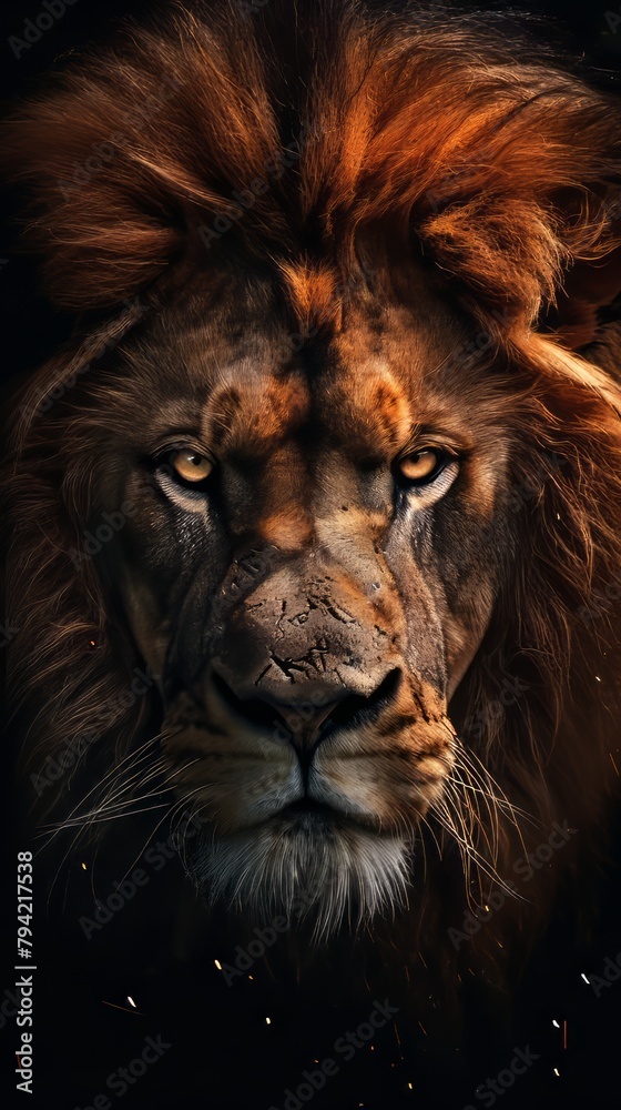 Naklejka premium Poster with a lion on a dark background.