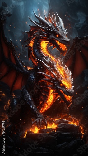 Scary Red Dragon Illustration Pierces with Glowing Eyes and Fire