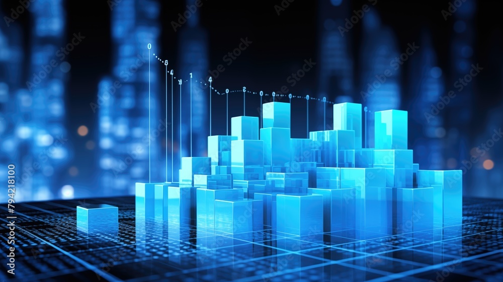 Glowing blue medical science background with blurred cityscape and transparent cubes