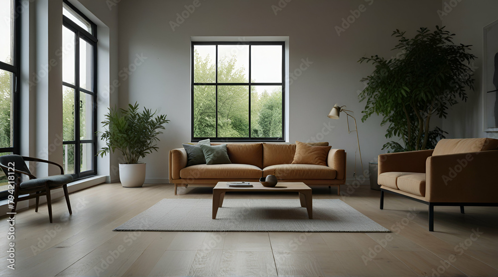 Fototapeta premium Stylish living room interior with beautiful house plants . Generative. AI