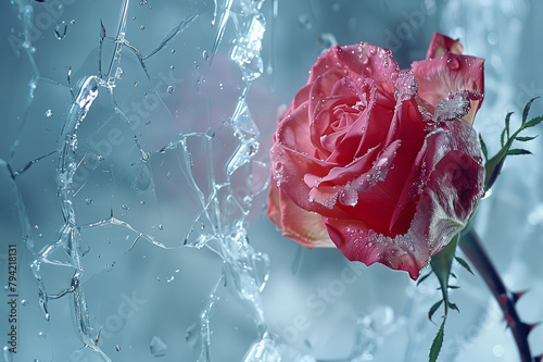 Rose bud on an ice background with empty space, a fragile layer of ice and a blooming rose
