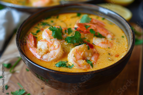 Thai tom yang soup with coconut milk and shrimp