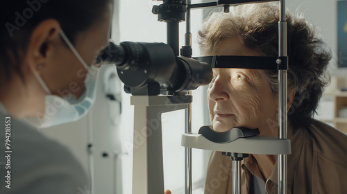 Senior woman test and checking glaucoma with optometrist or ophthalmologist. Senior woman patient having an eye exam photo