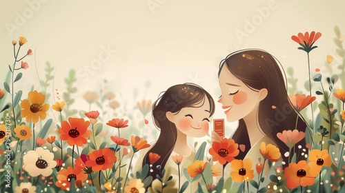 A child daughter gives her mother a postcard on mother's day to congratulate her. Mum and girl are smiling and hugging, and the illustration is hand drawn in an illustration style.
