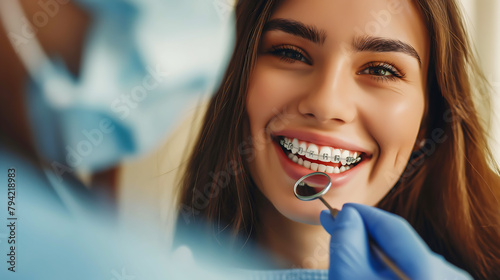 Young woman smile with braces getting a dental check up at dentistry with dentist in clinic, Braces and dental consultation for oral hygiene