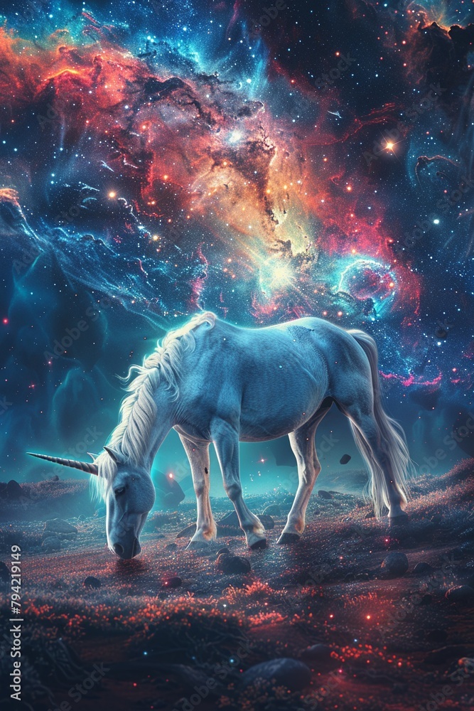 Create a scene of a unicorn grazing on cosmic grass, its coat shimmering with the colors of the galaxy, blending seamlessly into its celestial surroundings 8K , high-resolution, ultra HD,up32K HD